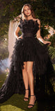 Andrea & Leo A1240 High-Low Ruffled Tiered Tulle Gown Feather Details