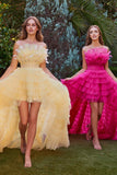 Andrea & Leo A1240 High-Low Ruffled Tiered Tulle Gown Feather Details