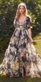 Andrea & Leo A1336 Long Floral Print Puff Sleeve A-line Gown