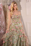 Andrea & Leo A1420 Dress Sage Floral Print Layered A-Line Gown