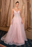 Andrea & Leo A1477 Deep V-Neck Floral Print Applique A-Line Ball Gown