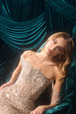 Andrea & Leo A1510 Fitted Gown Crystal Beadwork Sequin Motifs Cold Shoulder