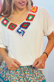 Boho Crochet Trim V-Neck Top