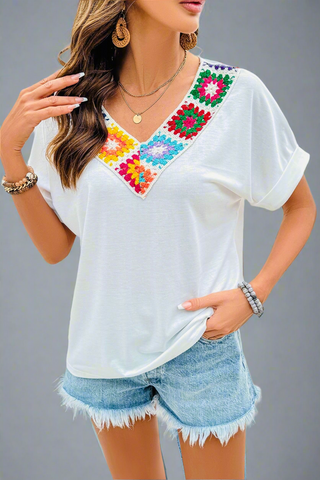 Boho Crochet Trim V-Neck Top