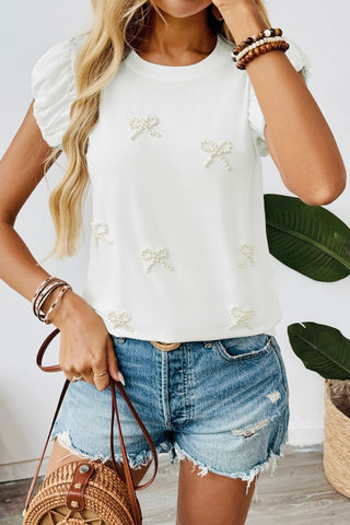 Pearl Bow Puff Sleeve Top – White