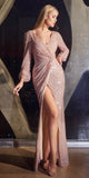 Ladivine B8422 Long Sleeve V-Neckline Leg Slit Sequin Gown