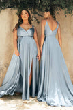 Cinderella Divine BD105 Flowy Satin A-Line Gown with Leg Slit