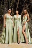Cinderella Divine BD105 Flowy Satin A-Line Gown with Leg Slit
