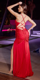 Astee BD4002 Long Gathered Stretch Satin Gown with Slit