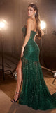 Ladivine C155 Long Glitter Floral Print Motif Sheer Bodice Fitted Gown