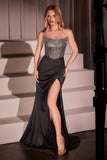 Ladivine C161 Strapless Crystal and Satin Fitted Dress