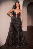 Ladivine C167 Dress Glitter Printed Fitted Gown With Overskirt