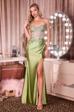 CLEARANCE - Ladivine C172 Fitted Plunging Neckline Dusty Blue Formal Gown (Size 6)