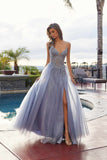 Nox Anabel C1843 Mesh A-Line Peaked Neckline Sequin Prom Ball Gown