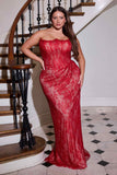 Ladivine CB162 Fitted Strapless Scoop Neck Leg Slit Beaded Gown