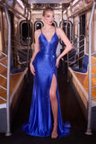 Ladivine CB163 Fitted Slight Flare Illusion V-Neckline Stretch Gown