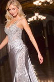 Ladivine CC0329 Fitted Sculpted Illusion Bodice Satin Skirt Dress