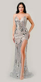 Ladivine CC2292 Sexy Long Sheer Embellished Mirror Applique Formal Dress