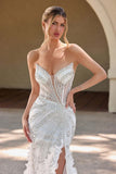 Ladivine CC2488W Plunging Neckline Fitted Mermaid Off White Gown