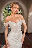 Ladivine CC456W Glitter Satin Strech Fitted Off White Evening Gown