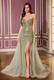 CLEARANCE - Ladivine CC492 Beaded Detachable Tulle Overskirt Fitted Mocha Gold Gown (Size 12)
