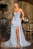 CLEARANCE - Ladivine CC492 Beaded Detachable Tulle Overskirt Fitted Mocha Gold Gown (Size 12)