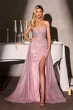 CLEARANCE - Ladivine CC492 Beaded Detachable Tulle Overskirt Fitted Mocha Gold Gown (Size 12)
