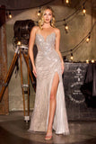 CLEARANCE - Ladivine CC492 Beaded Detachable Tulle Overskirt Fitted Mocha Gold Gown (Size 12)