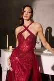 Ladivine CC495 Halter Neckline Beaded Motif Fitted Gown
