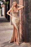 CLEARANCE -  Ladivine CD0106 Fitted Glitter Gold Gown Lace Applique (Size 2)