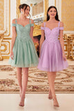 Cinderella Divine CD0132 Short A-Line Dress Off The Shoulder Glitter Tulle Skirt