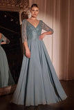 Cinderella Divine CD0171 Flowy Chiffon A-Line Gown 3/4 Length Sleeves