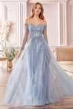 Cinderella Divine CD0172 A-Line Layered Tulle Gown Off The Shoulder Long Sleeve