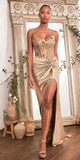 Ladivine CD0176 Long Fitted Satin Gown Sheer Embellished Boned Bodice