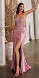 Ladivine CD0176 Long Fitted Satin Gown Sheer Embellished Boned Bodice