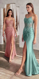 Ladivine CD0176 Long Fitted Satin Gown Sheer Embellished Boned Bodice