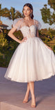 Cinderella Divine CD0187 Tea Length Layered Tulle Dress with Short Puff Sleeves