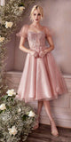Cinderella Divine CD0187 Tea Length Layered Tulle Dress with Short Puff Sleeves