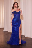 Ladivine CD0203 Long Fitted Off the Shoulder Sequin Gown with Slit