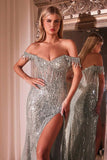 Ladivine CD0203 Long Fitted Off the Shoulder Sequin Gown with Slit