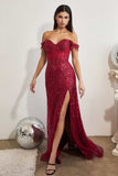 Ladivine CD0203 Long Fitted Off the Shoulder Sequin Gown with Slit