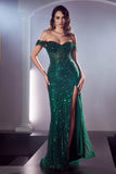 Ladivine CD0203 Long Fitted Off the Shoulder Sequin Gown with Slit