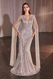 Ladivine CD0239 Long Sleeve Fully Beaded Sheath Gown
