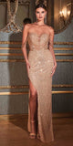 Cinderella Divine CD290 Strapless Sequin Dress with Beaded Draped Shoulders