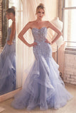 Ladivine CD332 Long Layered Tulle Tiered Mermaid Gown Sheer Boned Bodice