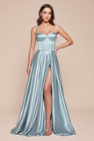 Ladivine CD337 Long A-Line Slit Satin Bustier Dress