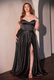 Ladivine CD337C Long A-Line Slit Satin Bustier Prom Dress