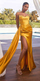 Ladivine CD340 Long Fitted Side Sash Leg Slit Satin Gown