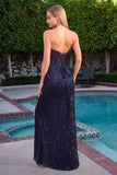 Ladivine CD396 Strapless Draped Neck Shimmering Sequin Fitted Formal Gown
