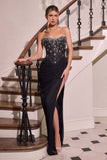 Ladivine CD407 Strapless Sheer Corset Bodice Slit Fitted Formal Gown